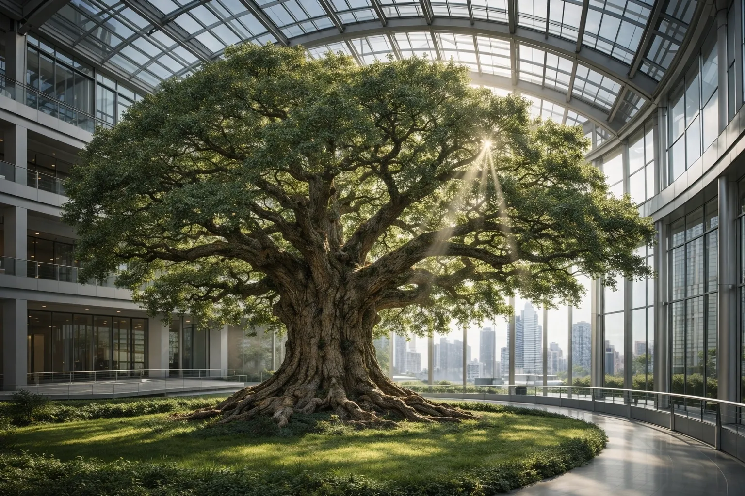 Mature tree growing beneath a glass atrium, representing continuity and legacy